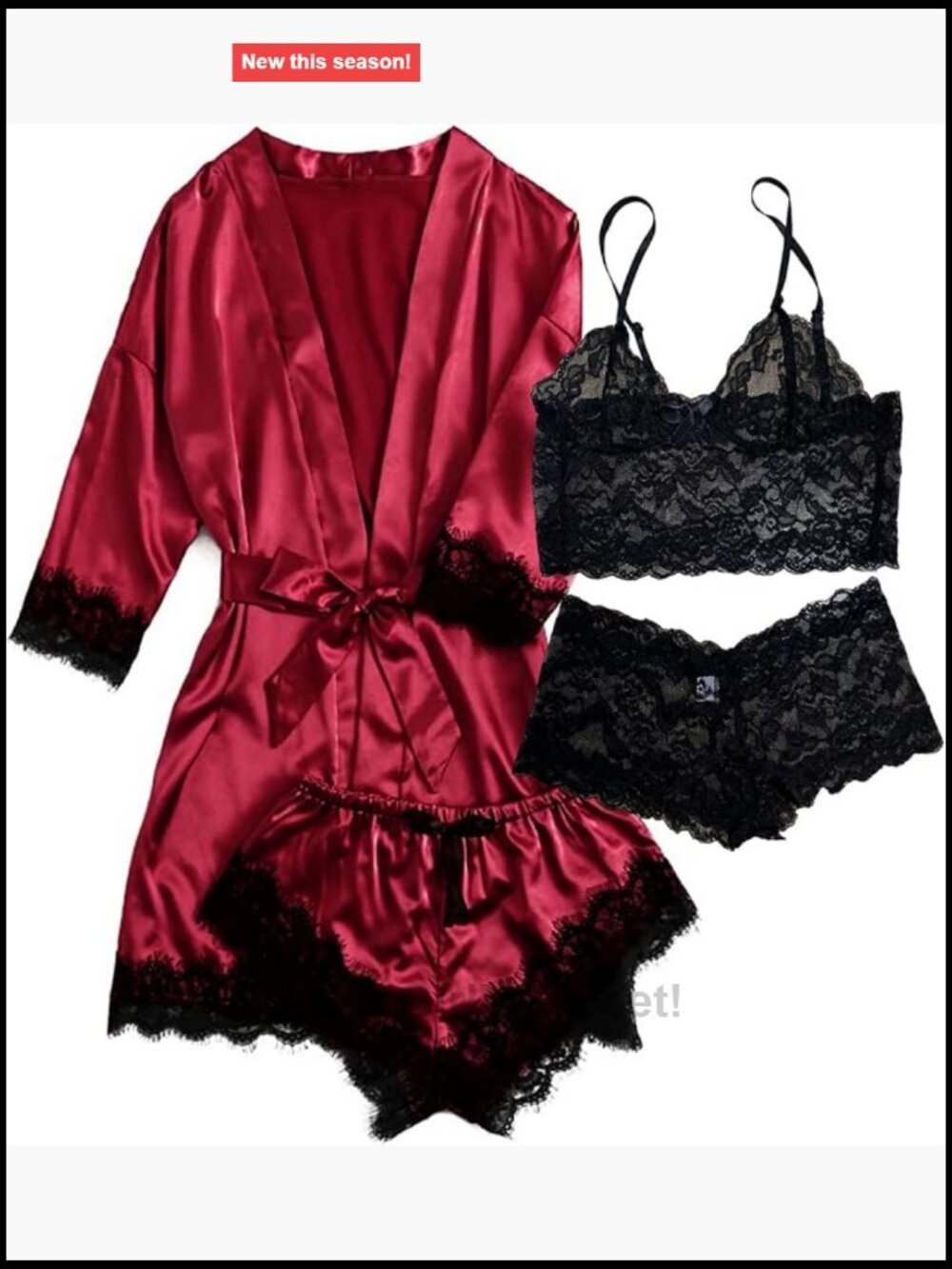 Women's Silk Pajama Set 4 Piece Satin Lace Sleepwear with Robe